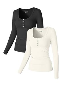oqq women's 2 piece long sleeve seamless ribbed button stretch shirt, black,beige, medium