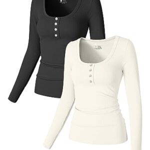OQQ Women's 2 Piece Long Sleeve Seamless Ribbed Button Stretch Shirt, Black,beige, Medium