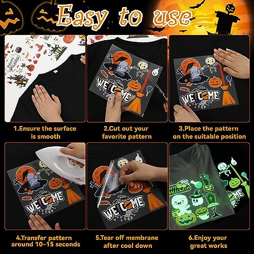 24 Sheets Halloween Iron on Transfers Decals Patches for Clothing Glow in Dark Halloween Heat Transfer Halloween Pumpkin Heat Transfer Stickers for Kids T-Shirt Hat Bag DIY Supplies Decorations