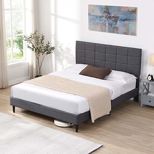 TMEOSK Queen Size Upholstered Platform Bed Frame with Fabric Headboard and Wooden Slats Support, Mattress Foundation, No Box Spring Needed for Boys Girls Teens Adults, Under Bed Storage (Gray)