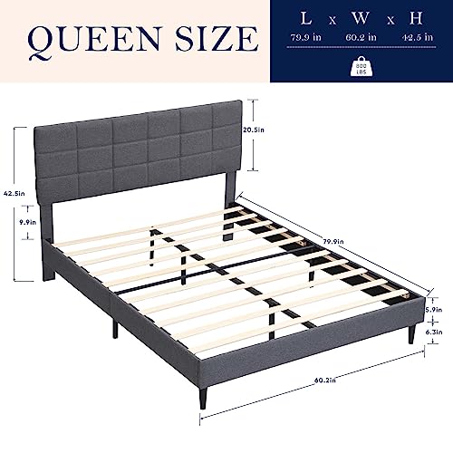 TMEOSK Queen Size Upholstered Platform Bed Frame with Fabric Headboard and Wooden Slats Support, Mattress Foundation, No Box Spring Needed for Boys Girls Teens Adults, Under Bed Storage (Gray)