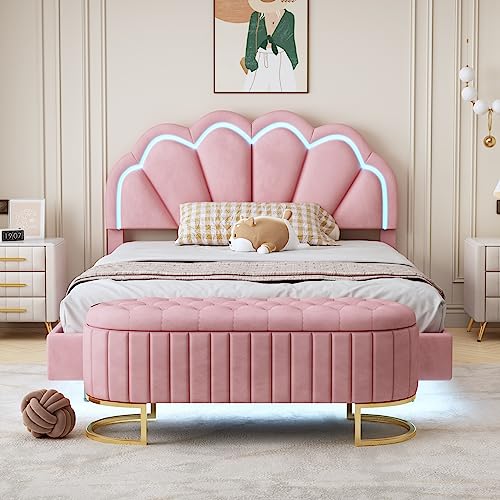 Full Size Velvet Upholstered Bed, Floating Platform Bed Frame with Storage Ottoman, Flowers Shape Headboard and LED Lights, Floating Bed Smart LED Bed for Kids Adults Bedroom Furniture (Pink Ottoman)