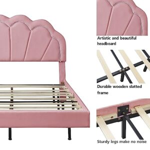 Full Size Velvet Upholstered Bed, Floating Platform Bed Frame with Storage Ottoman, Flowers Shape Headboard and LED Lights, Floating Bed Smart LED Bed for Kids Adults Bedroom Furniture (Pink Ottoman)