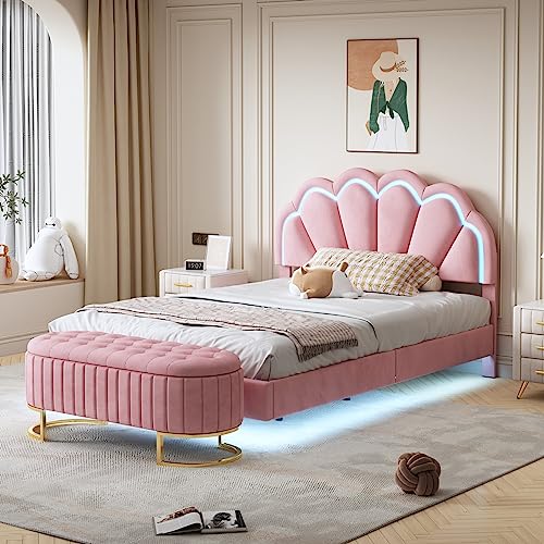 Full Size Velvet Upholstered Bed, Floating Platform Bed Frame with Storage Ottoman, Flowers Shape Headboard and LED Lights, Floating Bed Smart LED Bed for Kids Adults Bedroom Furniture (Pink Ottoman)