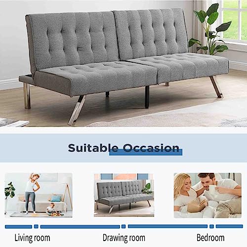 68”Convertible Futon Sofa Bed, Modern Sleeper Couch with Metal Legs, Folding Upholstered Loveseat, Linen Recliner Sofa, Wood Frame, Memory Foam Living Seat for Living Room/Apartment/Office, Grey
