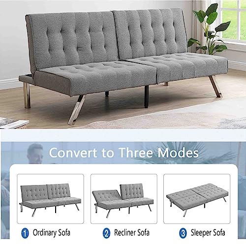 68”Convertible Futon Sofa Bed, Modern Sleeper Couch with Metal Legs, Folding Upholstered Loveseat, Linen Recliner Sofa, Wood Frame, Memory Foam Living Seat for Living Room/Apartment/Office, Grey