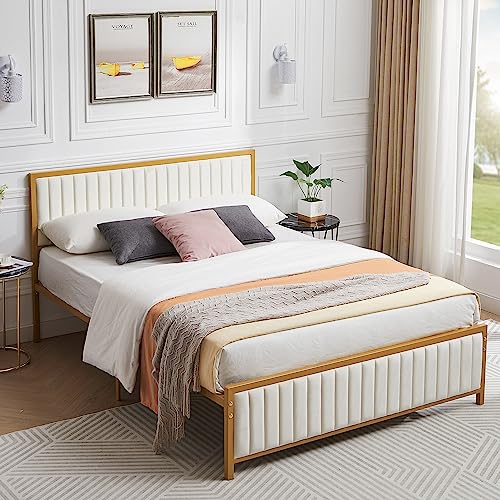 VECELO Queen Bed Frame with Upholstered Tufted Headboard & Footboard, Heavy Duty Steel Slats Platform, No Box Spring Needed, Gold