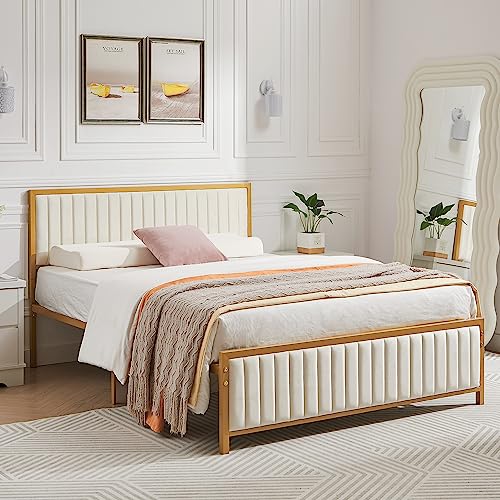 VECELO Queen Bed Frame with Upholstered Tufted Headboard & Footboard, Heavy Duty Steel Slats Platform, No Box Spring Needed, Gold