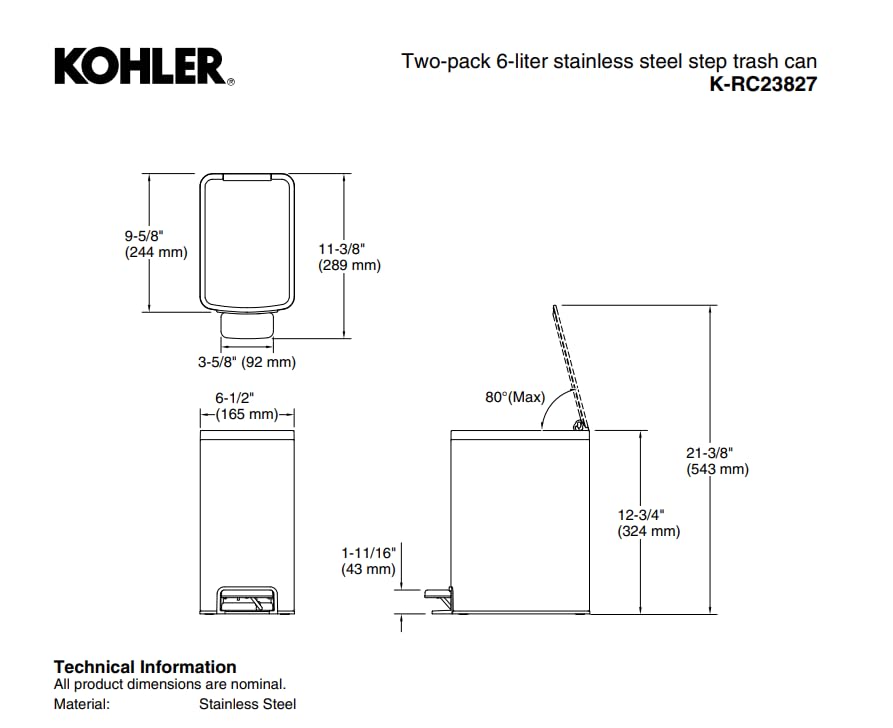 Kohler 2-Pack 6L Stainless Steel Step Trash Bin