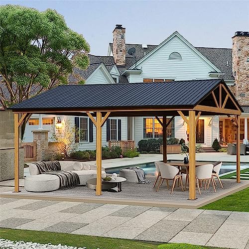 EMKK 12x20ft Hardtop Gazebo, Galvanized Steel Gable Roof Gazebo Pergola with Wood Grain Aluminum Frame, Hardtop Gazebo,Outdoor Permanent Gazebo Pavilion for Patio, Backyard, Deck, Lawns