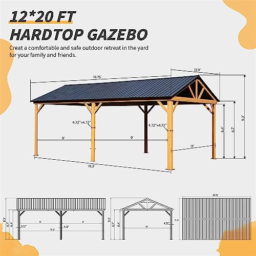 EMKK 12x20ft Hardtop Gazebo, Galvanized Steel Gable Roof Gazebo Pergola with Wood Grain Aluminum Frame, Hardtop Gazebo,Outdoor Permanent Gazebo Pavilion for Patio, Backyard, Deck, Lawns