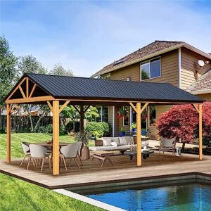 EMKK 12x20ft Hardtop Gazebo, Galvanized Steel Gable Roof Gazebo Pergola with Wood Grain Aluminum Frame, Hardtop Gazebo,Outdoor Permanent Gazebo Pavilion for Patio, Backyard, Deck, Lawns