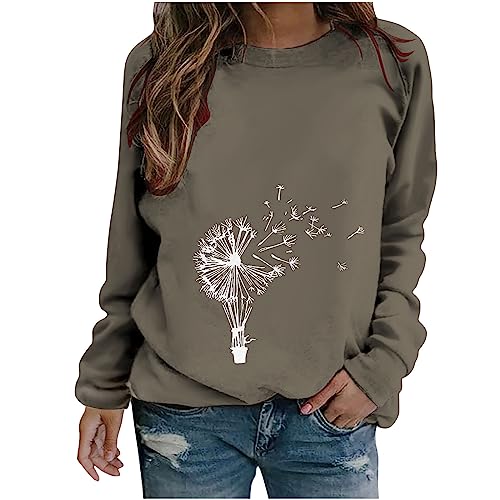 Womens Shirts 2023 Summer Sudaderas estampado diente león mujer suéter otoño suelto de manga larga ropa cuello redondo camisa de invierno T1-Gray Medium