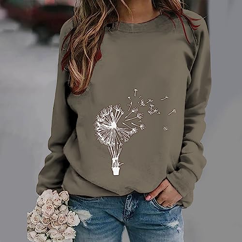 Womens Shirts 2023 Summer Sudaderas estampado diente león mujer suéter otoño suelto de manga larga ropa cuello redondo camisa de invierno T1-Gray Medium