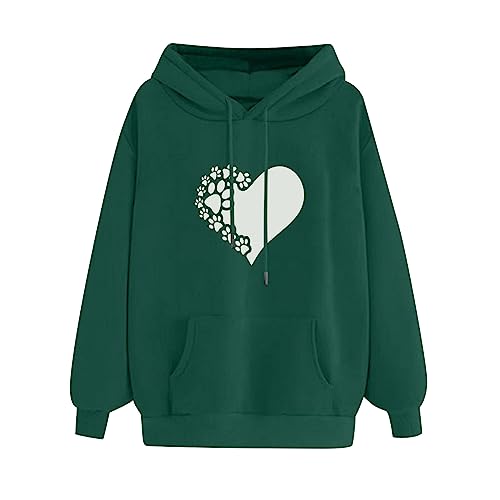 Ladies Tops 2024 Fashion Sudaderas capucha gráficas mujer Sudaderas bolsillo estampado corazón larga Vacaciones Otoño Invierno Jersey U1-Green Medium