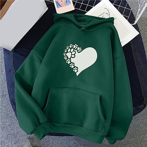 Ladies Tops 2024 Fashion Sudaderas capucha gráficas mujer Sudaderas bolsillo estampado corazón larga Vacaciones Otoño Invierno Jersey U1-Green Medium