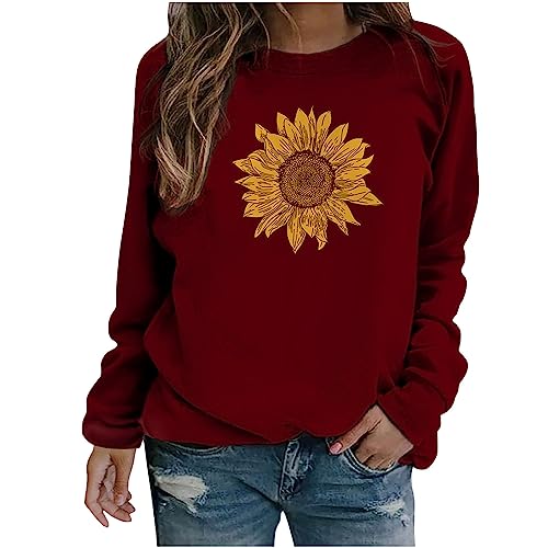 Womens Summer Clothes 2023 2024 Sudaderas para Mujer con Estampado girasoles Jersey Manga Larga Camisa Cuello Redondo ropa de otoño Primavera H2-Wine Small