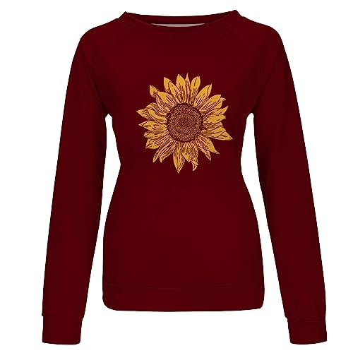 Womens Summer Clothes 2023 2024 Sudaderas para Mujer con Estampado girasoles Jersey Manga Larga Camisa Cuello Redondo ropa de otoño Primavera H2-Wine Small