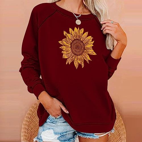 Womens Summer Clothes 2023 2024 Sudaderas para Mujer con Estampado girasoles Jersey Manga Larga Camisa Cuello Redondo ropa de otoño Primavera H2-Wine Small