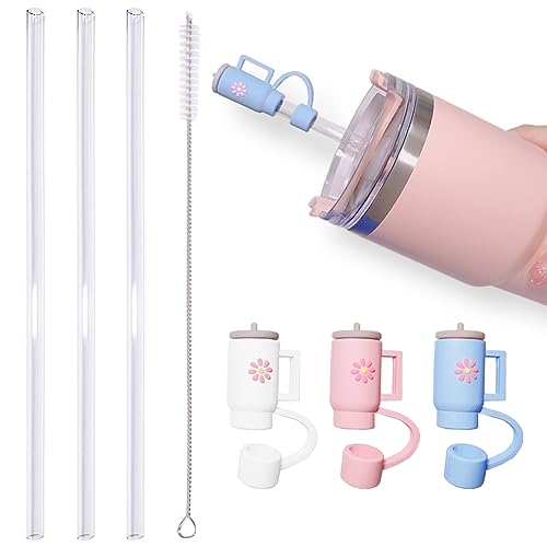 3PCS Silicone Straw Covers & Reusable Straws for Stanley Cup 30Oz 40Oz, Cute Mini Stanley Cup Straw Cover Cap for 10mm Straw with Cleaner Brush