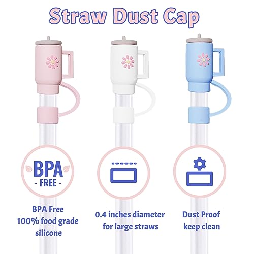 3PCS Silicone Straw Covers & Reusable Straws for Stanley Cup 30Oz 40Oz, Cute Mini Stanley Cup Straw Cover Cap for 10mm Straw with Cleaner Brush