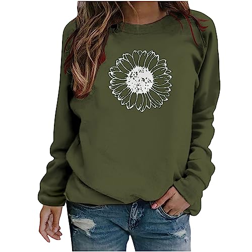 LAWOR Womens Short Sleeve Blouses 2023 Fashion Sudaderas cuello redondo y estampado girasoles para mujer suéteres holgados de manga larga para otoño e invierno A1-Army Green Small