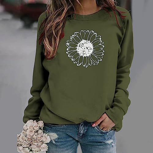 LAWOR Womens Short Sleeve Blouses 2023 Fashion Sudaderas cuello redondo y estampado girasoles para mujer suéteres holgados de manga larga para otoño e invierno A1-Army Green Small