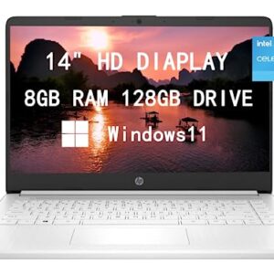 HP 2023 Newest Upgraded Laptops for Student & Business, 14'' HD Computer, Intel Celeron N4120 Quad-Core, 8GB RAM, 128GB(64GB SSD+64GB Card) Fast Charge, Windows 11, White (14-dq0052dx)