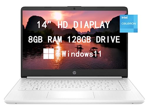 HP 2023 Newest Upgraded Laptops for Student & Business, 14'' HD Computer, Intel Celeron N4120 Quad-Core, 8GB RAM, 128GB(64GB SSD+64GB Card) Fast Charge, Windows 11, White (14-dq0052dx)