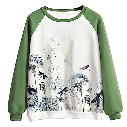 LAWOR Womens Blouses Dressy Casual 2023 Fashion Sudadera Gran tamaño Mujer Camisa retales florales Jersey Manga Larga Cuello Redondo Estampado mármol ropa otoño Q4-Green Small