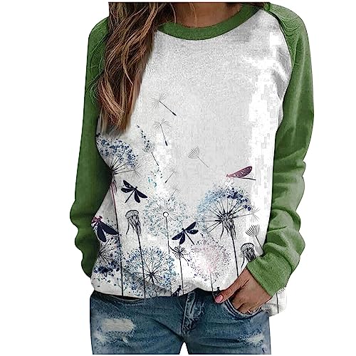 LAWOR Womens Blouses Dressy Casual 2023 Fashion Sudadera Gran tamaño Mujer Camisa retales florales Jersey Manga Larga Cuello Redondo Estampado mármol ropa otoño Q4-Green Small