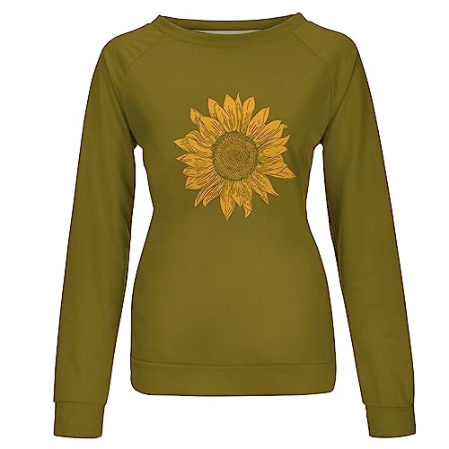 LAWOR Fall Blouses For Women 2023 2024 Fashion Sudaderas para mujer con estampado girasoles jersey manga larga camisa cuello redondo ropa de otoño primavera H3-Army Green Small