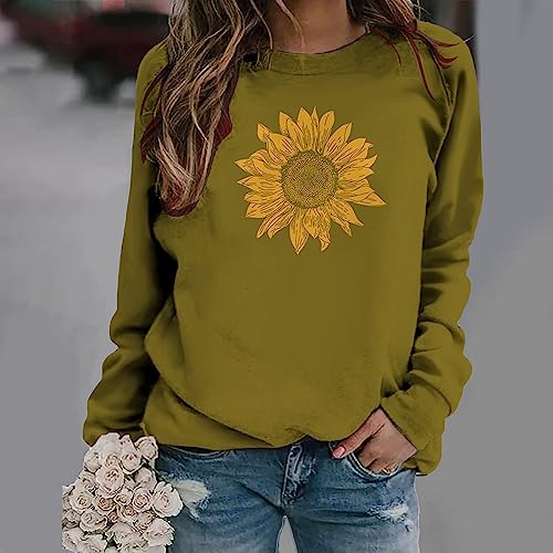 LAWOR Fall Blouses For Women 2023 2024 Fashion Sudaderas para mujer con estampado girasoles jersey manga larga camisa cuello redondo ropa de otoño primavera H3-Army Green Small