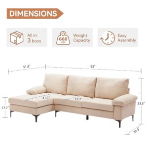 Kingfun 93" W Sectional Sofa Couch,L Shaped Couch with Removable Armrests for Living Room & Apartment,3-Seater Modern Upholstered Sofa with Wide Chaise Lounge,Beige