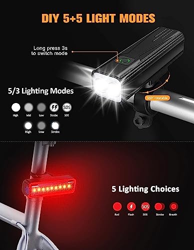 Cuvccn 1200 Lumen Bike Lights 360° Rotation, Bike Headlight Taillight Rechargeable, Bicycle Light Front & Back Aluminum Power Bank Function, IPX5 Waterproof Bike Light for Night Riding 5+5 Light Modes