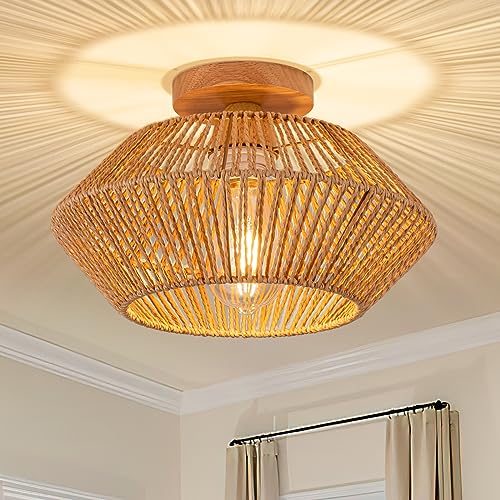 Boho Light Fixtures Rattan Ceiling Light Farmhouse Mini Hand-Woven Cage Flush Mount Chandelier for Bedroom Bathroom Hallway Entryway Living Room