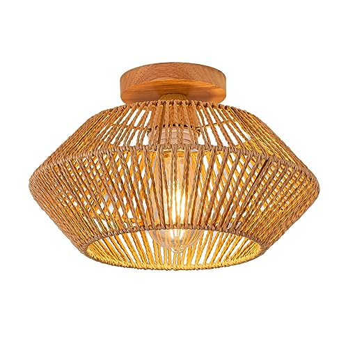 Boho Light Fixtures Rattan Ceiling Light Farmhouse Mini Hand-Woven Cage Flush Mount Chandelier for Bedroom Bathroom Hallway Entryway Living Room