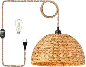 plug in pendant light rattan hanging lights with plug in cord bamboo hanging lamp dimmable,woven boho wicker basket lamp shade,hemp rope plug in ceiling light fixture for living room bedroom kitchen