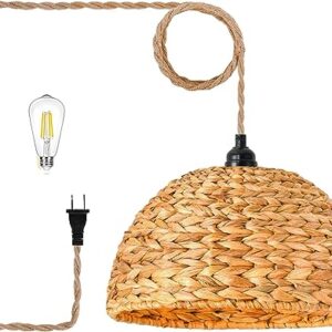 Plug in Pendant Light Rattan Hanging Lights with Plug in Cord Bamboo Hanging Lamp Dimmable,Woven Boho Wicker Basket Lamp Shade,Hemp rope Plug in Ceiling Light Fixture for Living Room Bedroom Kitchen