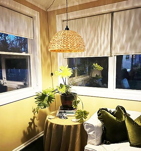 Plug in Pendant Light Rattan Hanging Lights with Plug in Cord Bamboo Hanging Lamp Dimmable,Woven Boho Wicker Basket Lamp Shade,Hemp rope Plug in Ceiling Light Fixture for Living Room Bedroom Kitchen