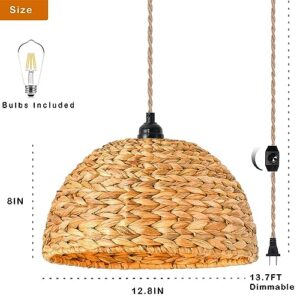 Plug in Pendant Light Rattan Hanging Lights with Plug in Cord Bamboo Hanging Lamp Dimmable,Woven Boho Wicker Basket Lamp Shade,Hemp rope Plug in Ceiling Light Fixture for Living Room Bedroom Kitchen