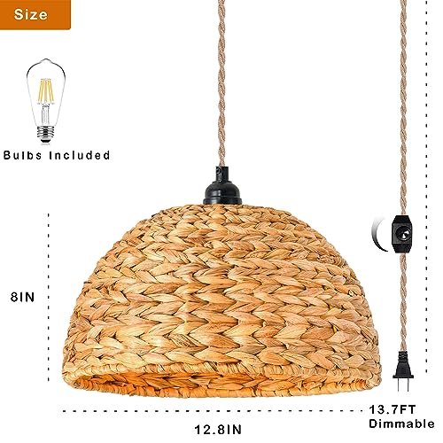 Plug in Pendant Light Rattan Hanging Lights with Plug in Cord Bamboo Hanging Lamp Dimmable,Woven Boho Wicker Basket Lamp Shade,Hemp rope Plug in Ceiling Light Fixture for Living Room Bedroom Kitchen