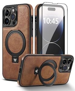 wtcase designed for iphone 14 pro leather case [compatible with mag-safe] with stand, shockproof back slim protective phone case for men women (2022) 6.1" (brown)