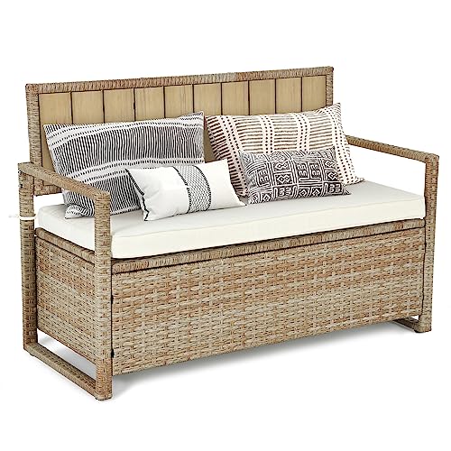 YITAHOME 70 Gallon Outdoor Storage Bench, All-Weather PE Rattan Deck Box, Wicker Storage Seat Box for Patio Furniture, Outdoor Cushions, Pool Storage and Garden Tools - Beige