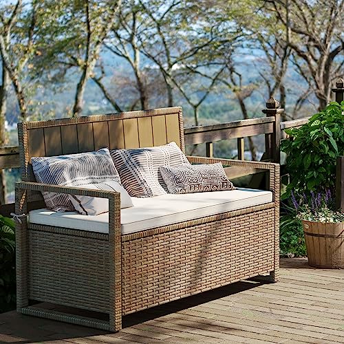 YITAHOME 70 Gallon Outdoor Storage Bench, All-Weather PE Rattan Deck Box, Wicker Storage Seat Box for Patio Furniture, Outdoor Cushions, Pool Storage and Garden Tools - Beige