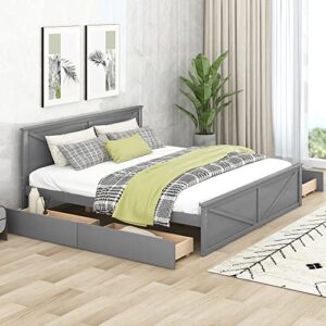 prohon wooden platform bed with 4 storage drawers & headboard, king size bed frame, modern bedframe for kids, teen & adults, no box spring needed, space-saving, gray
