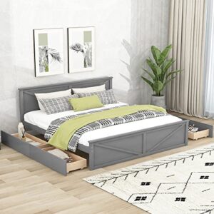 Prohon Wooden Platform Bed with 4 Storage Drawers & Headboard, King Size Bed Frame, Modern Bedframe for Kids, Teen & Adults, No Box Spring Needed, Space-Saving, Gray