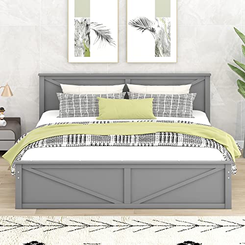 Prohon Wooden Platform Bed with 4 Storage Drawers & Headboard, King Size Bed Frame, Modern Bedframe for Kids, Teen & Adults, No Box Spring Needed, Space-Saving, Gray