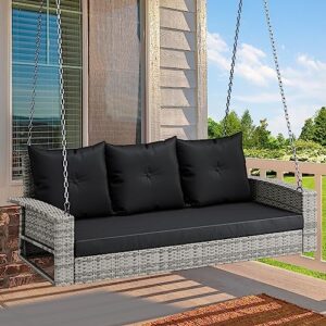 YITAHOME 3-Seats Wicker Hanging Porch Swing Chair Outdoor Gray Rattan Patio Swing Lounge 3 Back Cushions Capacity for Garden, Balcony, Living Room, Gray Rattan Black Cushion