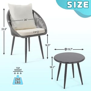 Wildformers 3 Pieces Bistro Set, Woven Rope Chair with Cushions, All Weather Patio Conversation Set and Side Table, Ideal for Deck, Balcony, Poolside, Grey